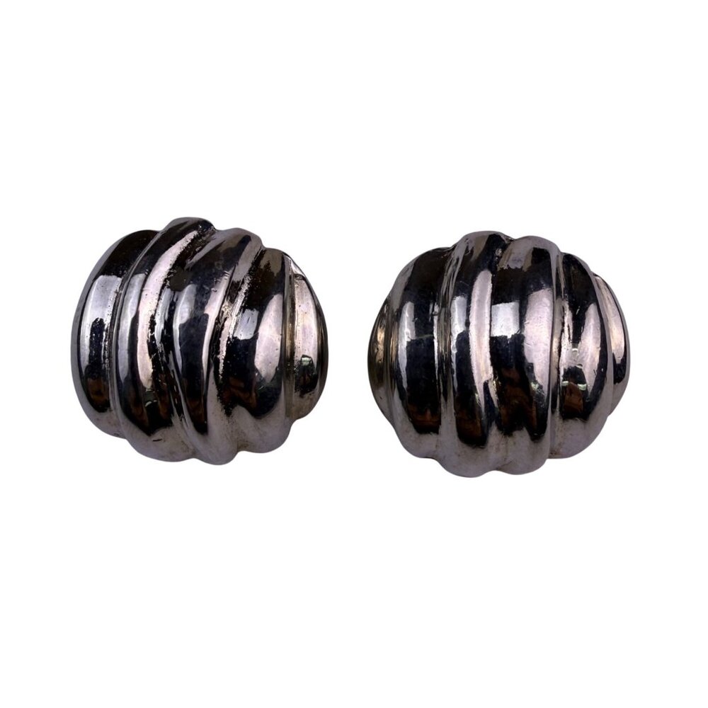Vintage 925 Sterling Silver Clip-On Earrings Ribbed Modernist Design Jewelry